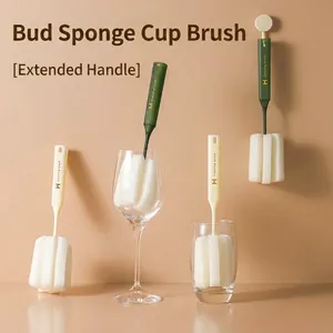 Long handle bud-shaped sponge cup brushes for deep cleaning glasses and bottles