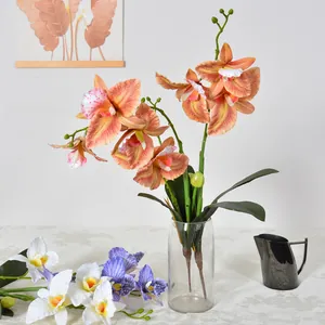 4-head artificial Cattleya orchid in orange with real-touch texture for home decor