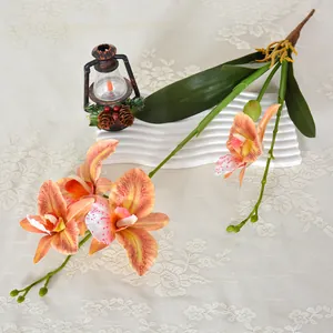 Lifelike artificial Cattleya orchids with 4 heads and leaves for home and wedding decor