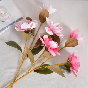Branche de magnolia artificiel rose à trois têtes pour décoration intérieure et mariage