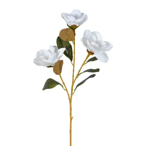 Branche de magnolia blanc artificiel réaliste avec trois fleurs pour déco maison et mariage