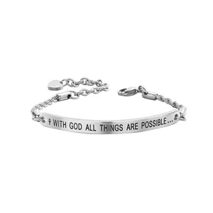 Detailed view of silver chain bracelet with engraved religious message on curved bar