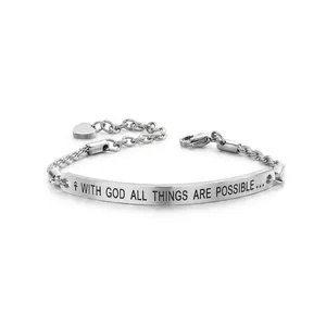 Christian Stainless Steel Curved Bar Bracelet With God All Things Are Possible Cross Heart Charm Religious Jewelry Gift