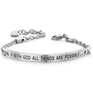 Silver chain bracelet featuring a curved engraved plate with 'With God All Things Are Possible'