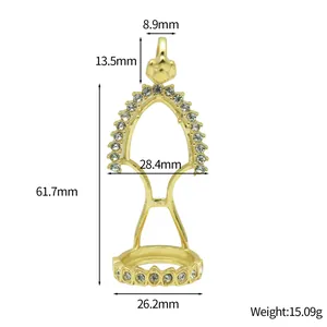 Vergulde Thaise amuletbasis met strass-steentjes, roestvrijstalen Boeddha-hanger.