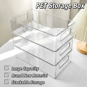 Klar PET Stapelbare Aufbewahrungsbox Kühlschrank Schreibtisch Organizer Korb Mit Griffen Lebensmittel Make-up Aufbewahrungsbehälter
