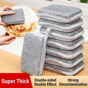 Double Sided Silver Wire Sponge Scrubber Steel Mesh Dishcloth Non Stick Kitchen Cleaning Pad With Silicone Heat Resistant Trivet Mat