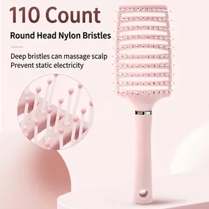 Professional pink curved vent hairbrush featuring 110 round-tipped nylon bristles.