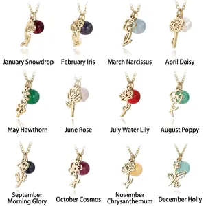 Birth Month Flower Necklace For Women Gold Titanium Steel Hollow Flower Pendant Simulated Birthstone Bead Jewelry Gift