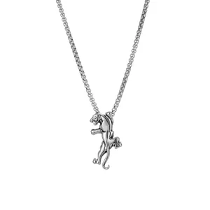 Detailed close-up view of a retro stainless steel necklace featuring a fierce panther pendant