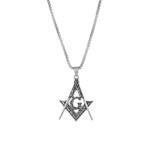 Vintage Freemasonry symbol titanium steel pendant necklace with intricate carvings