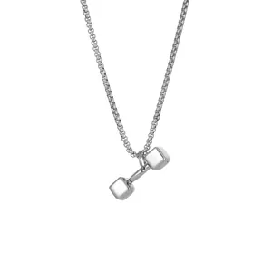 Close-up of a silver dumbbell pendant on a titanium steel box chain necklace