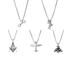 Retro Stainless Steel Pendant Necklace For Men Hip Hop Punk Rock Freemasonry Aircraft Dumbbell Lion Bull Head Necklace Jewelry
