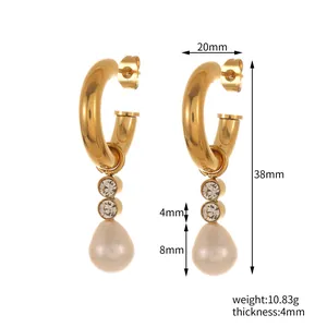 Gráfico de dimensiones detallado de pendientes de perlas en acero bañado oro 18K