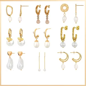 Pendientes Largos de Acero Inoxidable Chapado en Oro de 18K con Perla Artificial y Strass para Mujer Joyas Estilo ins Geométrico Elegante