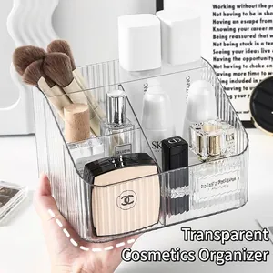 Transparent PET Multi-Compartment Desk Storage Box Vertical Stripe Cosmetic Organizer For Makeup Brushes Lipsticks Skincare Products Vanity Stationery Holder