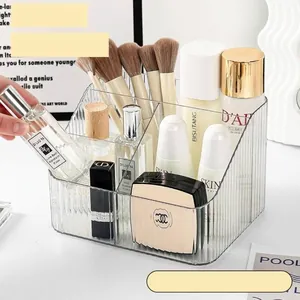 Transparent acrylic desk organizer with compartments for cosmetics and brushes