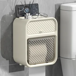 Cream-colored wall-mounted waterproof tissue box holder with storage shelf