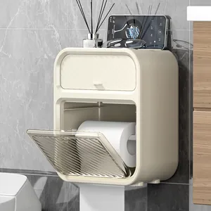Cream waterproof wall-mounted bathroom tissue box with storage shelf and a drawer