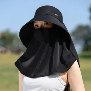 Detailed view of women's black UV sun protection hat with face mask and neck flap.