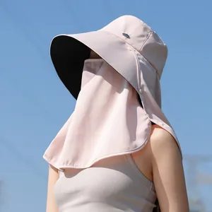 Side view of pink UV sun hat with integrated breathable face mask and neck shawl.