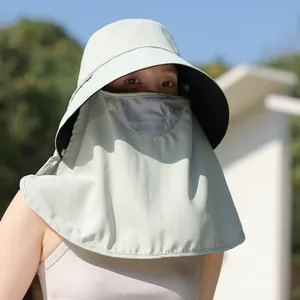 Close-up of women's sun hat with integrated breathable face and neck protection shawl