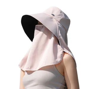 Pink UV protection sun hat with integrated face mask and long neck shawl for women