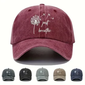 Vintage washed denim baseball cap with 'just breathe' print shown in six different colors