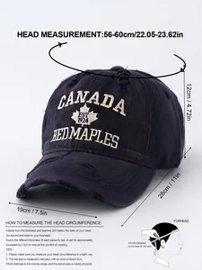 Size guide showing measurements for the vintage washed denim Canada baseball cap