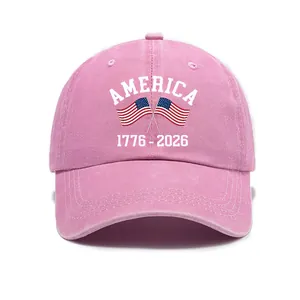 Cappello da baseball rosa lavato vintage con stampa 250° anniversario America e bandiere USA.