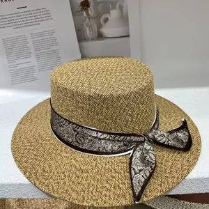 Vintage Boater Straw Hat Women Summer Beach Sun Hat With Paisley Ribbon Bow Hollow Woven Flat Top Lady Vacation Cap Wide Brim