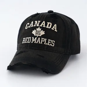 Vintage black washed denim baseball cap with Canada maple leaf embroidery detail