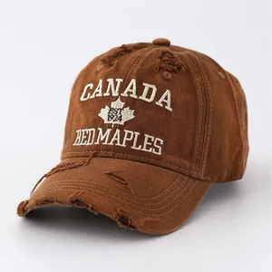 Retro washed distressed brown denim baseball cap with Canada maple leaf embroidery