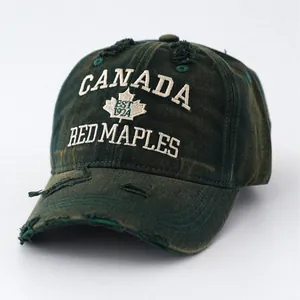 Vintage washed distressed denim baseball cap with Canada Red Maples embroidery design
