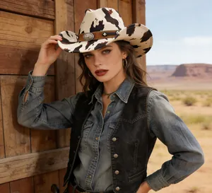 Dettaglio cappello da cowboy scamosciato con stampa mucca in un'ambientazione desertica