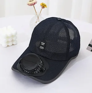 Breathable navy blue mesh sun hat with integrated solar powered fan on brim
