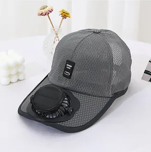 Close-up of a grey mesh sun hat featuring a built-in solar-powered fan on the brim.
