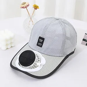 Close-up of a breathable mesh solar-powered fan hat for outdoor sun protection