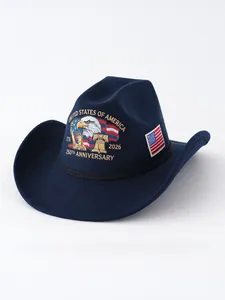 Detailed view of navy blue cowboy hat with 250th anniversary USA flag and eagle embroidery