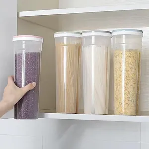 Set of round transparent plastic kitchen storage jars for noodles, grains and cereal