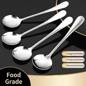 Stainless Steel Long Handle Round Soup Spoon Mirror Polished Integrated Molding Thickened Tableware Spoon For Home Kitchen Dining