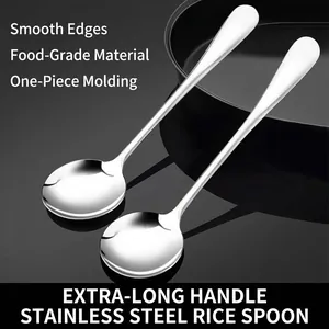 Pair of premium long-handle stainless steel rice spoons with a polished silver finish