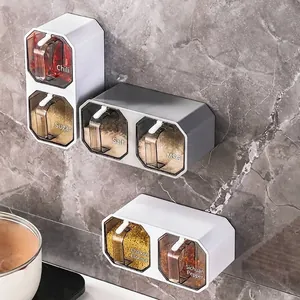 Wall Mounted Spice Box Organizer Plastic Seasoning Jars With Spoon Transparent Lid Kitchen Storage Punch Free Grid Design