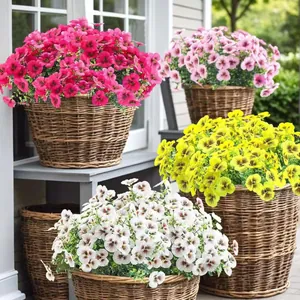 Vibrant artificial pansy bouquets in woven baskets for outdoor garden and home decoration