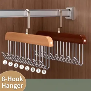 Multifunktionaler Holz-Kleiderbügel Mit 8 Edelstahl-Wellenhaken Drehbarer Kleiderschrank-Organizer Für BHs Westen Gürtel Krawatten
