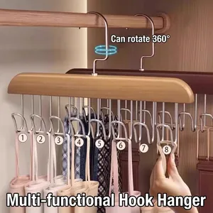 Multifunktionaler Holzkleiderbügel mit 8 schwenkbaren Metallhaken für Tops und Gürtel
