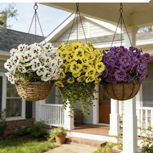 Trio of artificial pansies in decorative hanging baskets for outdoor garden porch decor
