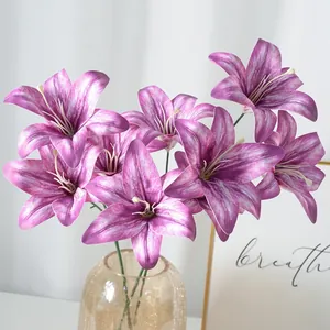 Realistic Three-Head Artificial Lily Flowers 3D Printed Soft Plastic Film Fake Lilies For Wedding Home Table Decor Photography Prop