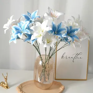 Elegant 3-head artificial lily flowers in blue and white for wedding and home decoration