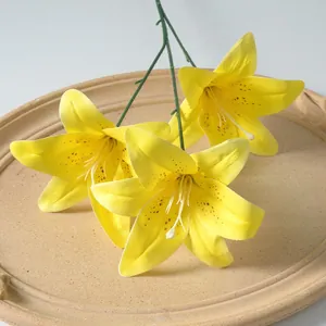 Lifelike 3-head yellow artificial lilies with 3D printed texture for wedding decor